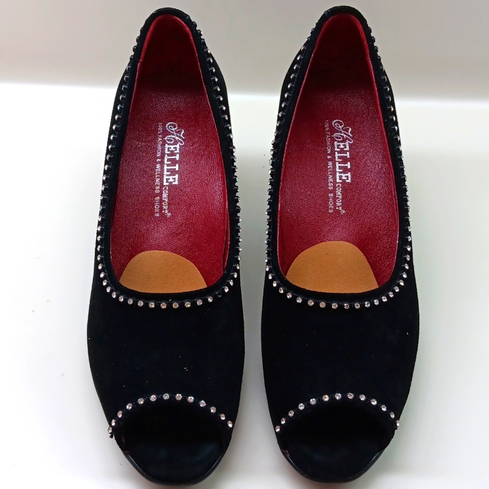 Black suede rhinestone edging heels